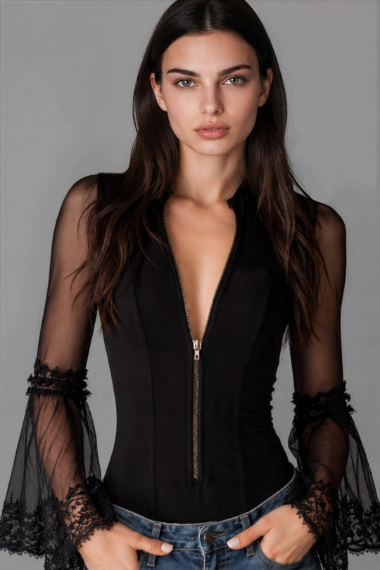 Quinn Lace Flare Sleeve Zip Shirt