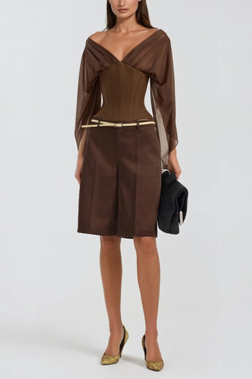 Herakleitos Plunge Mesh Corset Top In Brown