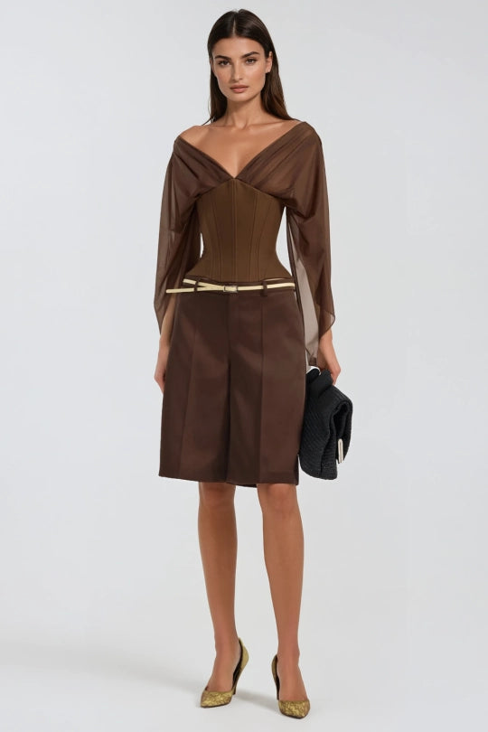 Herakleitos Plunge Mesh Corset Top In Brown