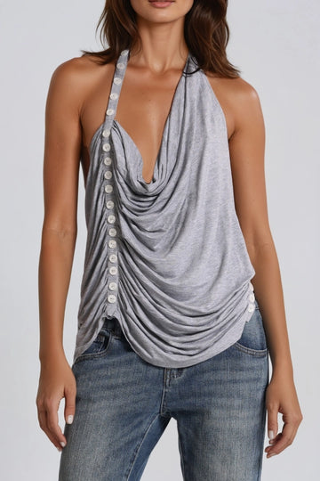 Javier Cowl Neck Button Draped Top