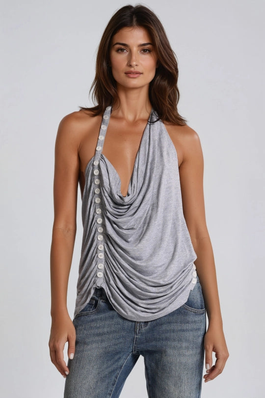Javier Cowl Neck Button Draped Top