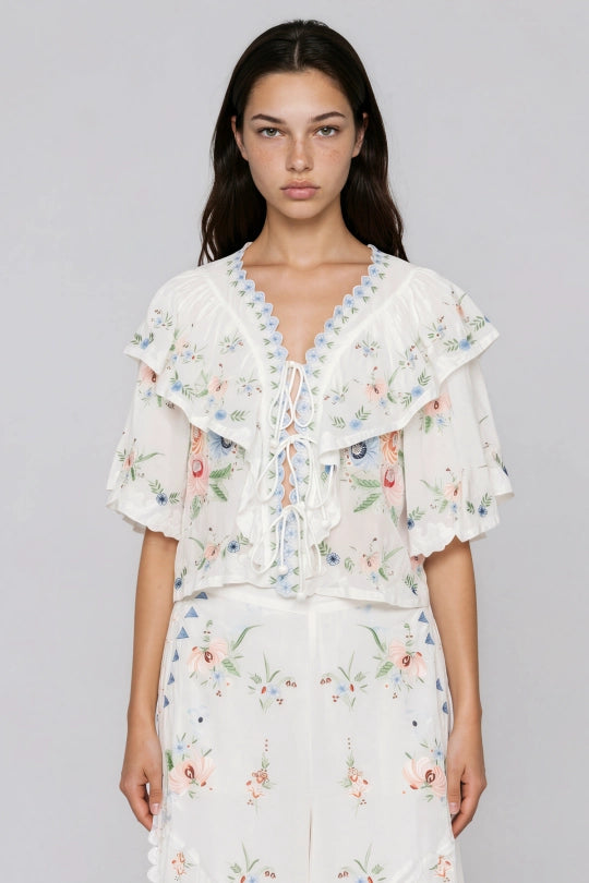 Jeanette V Neck Embroidered Floral Top