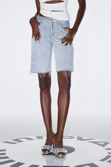 Antonio Rhinestone Fringe Short Jeans In Slight Blue