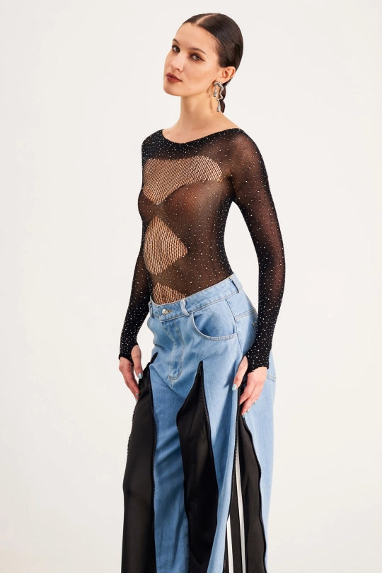Barbare Rhinestone Cutout Mesh Bodysuit