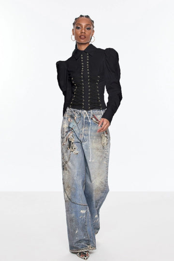 Belvedere Lace Up Puff Sleeve Top In Black