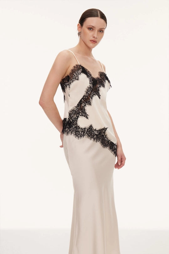 Bess Lace Asymmetric Satin Top In Beige