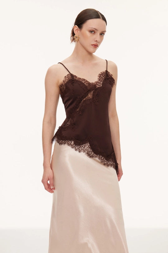 Bess Lace Asymmetric Satin Top In Brown