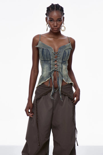 Carl Lace Up Fringe Denim Top