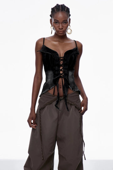 Carl Lace Up Fringe Denim Top In Black