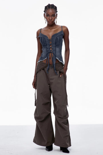 Carl Lace Up Fringe Denim Top In Dark Wash