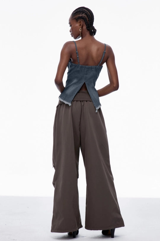 Carl Lace Up Fringe Denim Top In Dark Wash