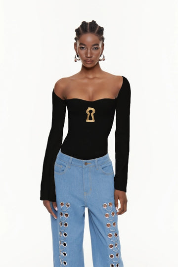 Cindi Long Sleeve Bodycon Knit Top In Black