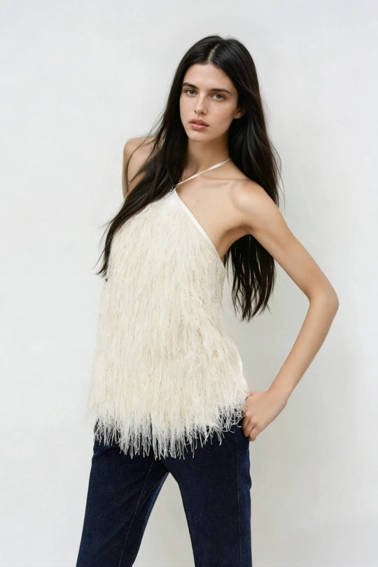 Dagnija Halter Neck Fringe Top In Yellow