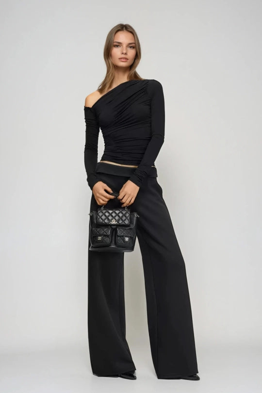 Darell One Shoulder Ruch Long Sleeve Top In Black