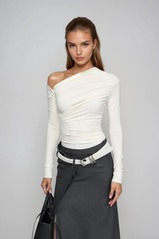 Darell One Shoulder Ruch Long Sleeve Top In White