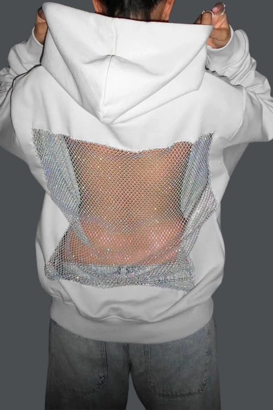 Dazhbog Hooded Rhinestone Mesh Top In White