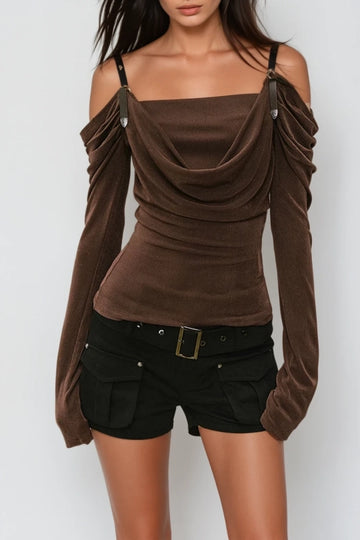 Derren Off Shoulder Ruch Top In Brown