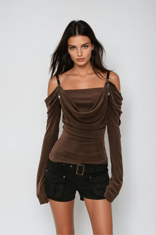 Derren Off Shoulder Ruch Top In Brown
