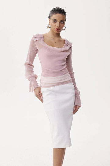 Desideria Cowl Neck Glitter Ruch Top In Pink