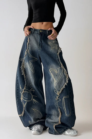 Dikeledi Print Fringe Jeans In Blue