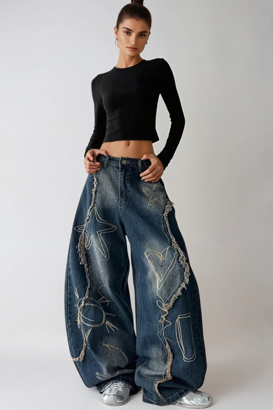 Dikeledi Print Fringe Jeans In Blue