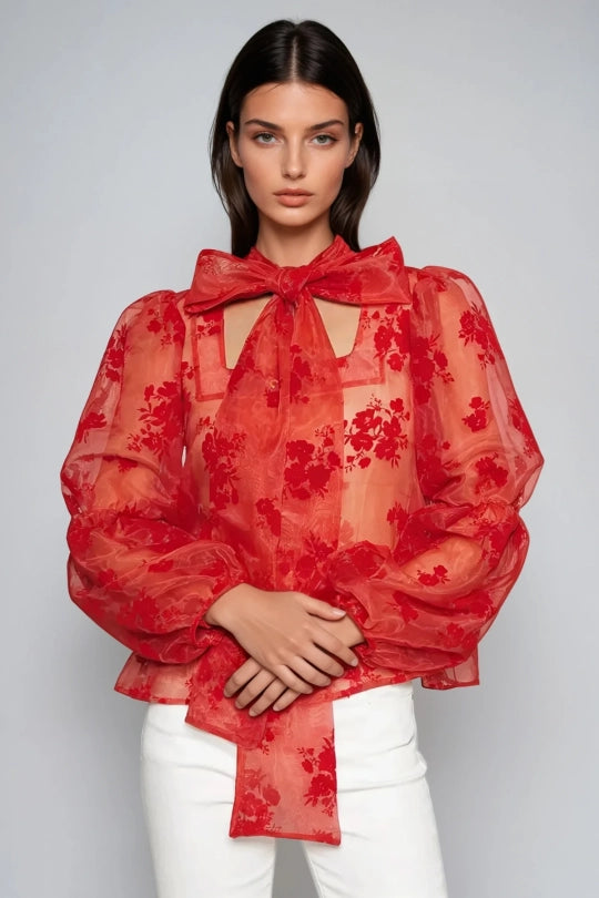 Drust Tie Up Floral Mesh Top