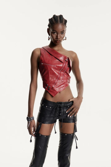 Edythe One Shoulder Asymmetric Leather Top