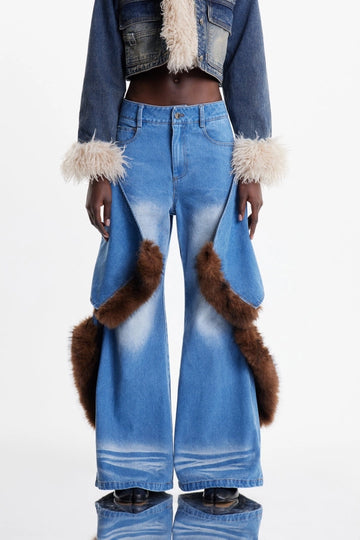 Elain Deconstruct Faux Fur Wide Leg Jeans