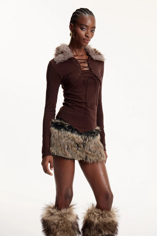 Eloise Faux Fur Lace Up Top In Brown