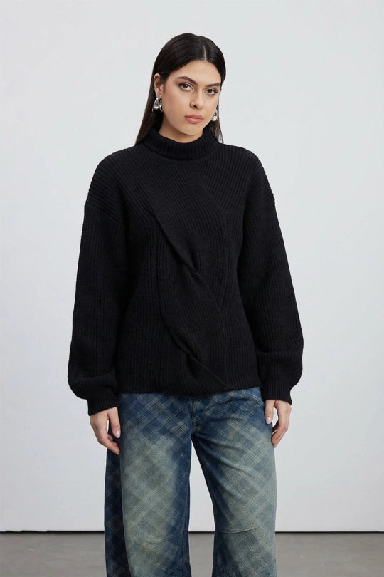 Emel Turtleneck Twist Knit Top In Black