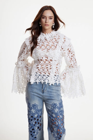 Erbol Flower Cutout Bell Sleeve Top