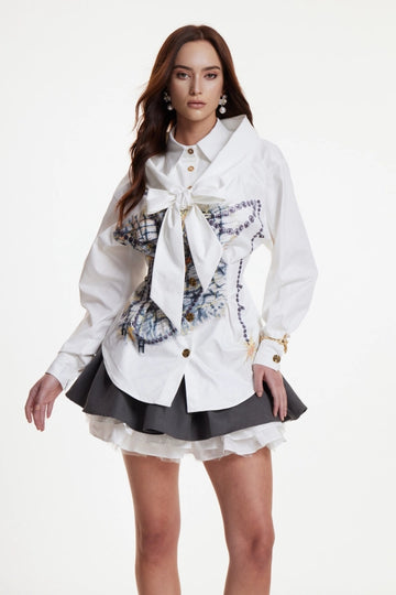 Ercanbald Bow Asymmetric Print Shirt