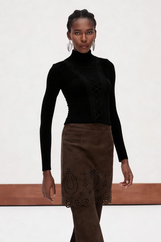 Ericka Lace Up High Neck Top In Black