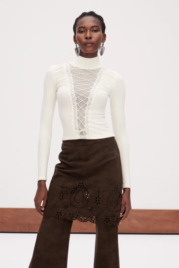 Ericka Lace Up High Neck Top In White