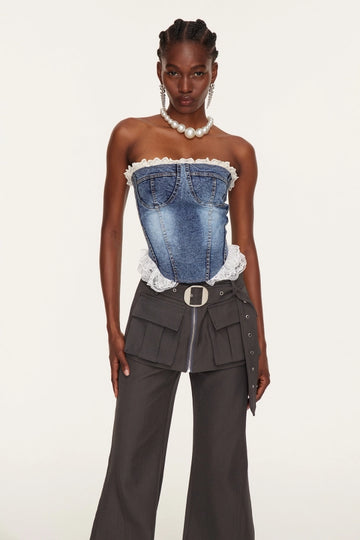 Etel Lace Bodycon Denim Top