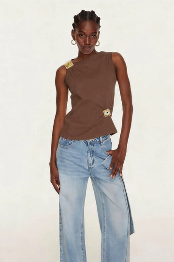 Etelvina Asymmetric Embellished Top In Brown