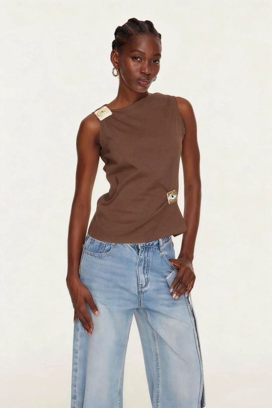 Etelvina Asymmetric Embellished Top In Brown