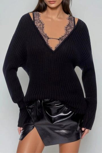 Farangis Lace Deconstruct Knit Top In Black