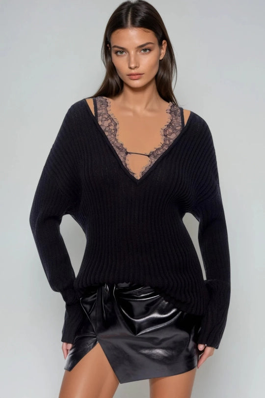Farangis Lace Deconstruct Knit Top In Black
