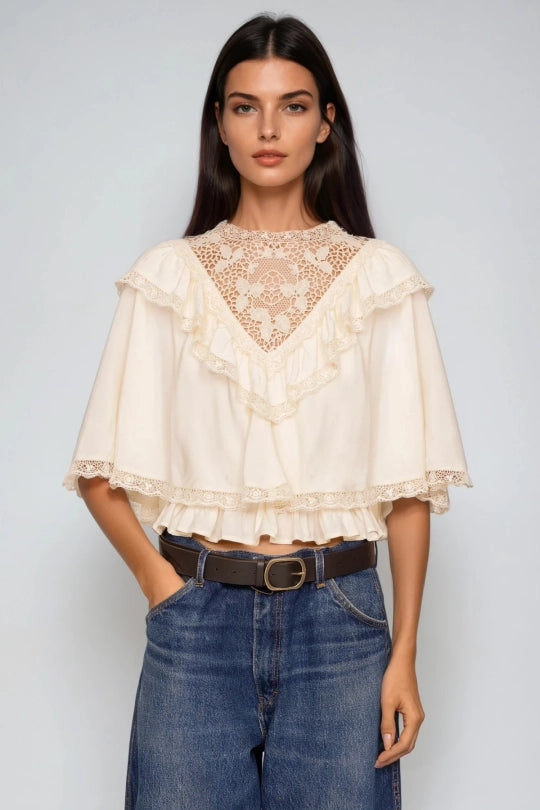 Fergal Lace Ruffle Shawl Top In Beige