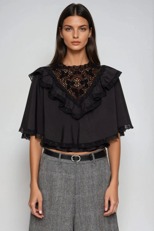 Fergal Lace Ruffle Shawl Top In Black