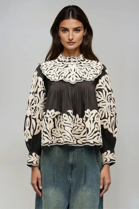 Flaka Balloon Sleeve Embroidered Top