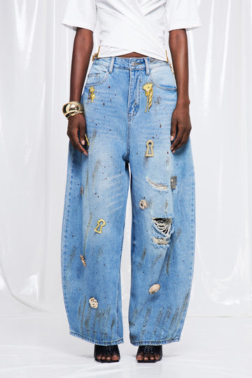 Frigyes Embellished Ripped Baggy Jeans