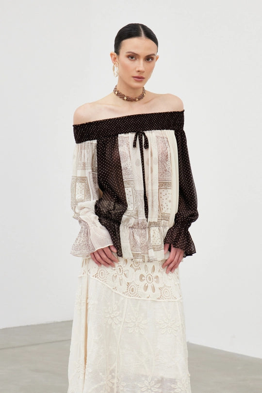 Iakovu Off Shoulder Dot Mesh Top