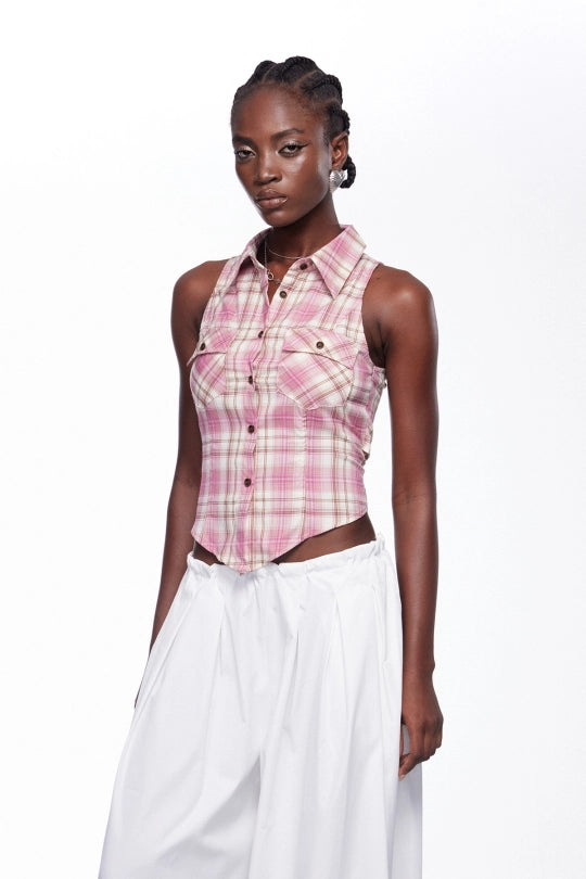 Idunn Sleeveless Grid Top In Pink