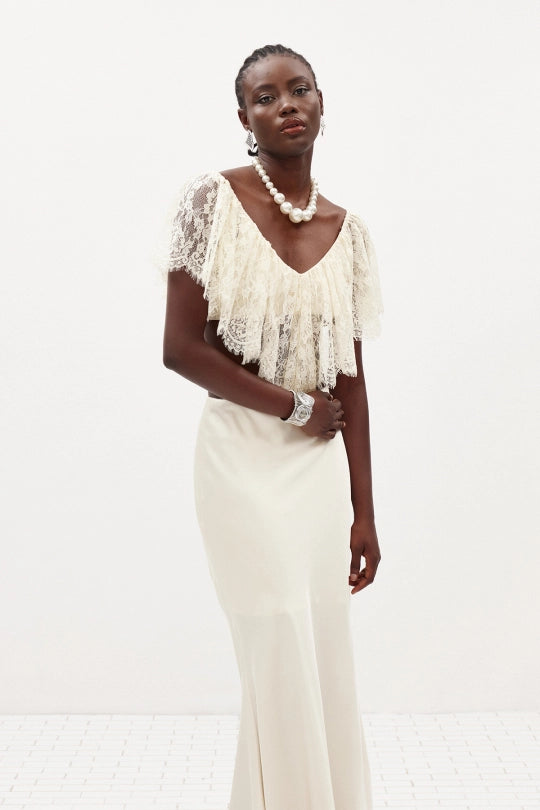 Ilme V Neck Lace Ruffle Top