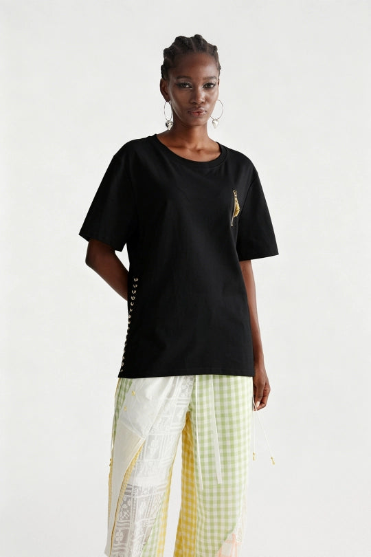 Imaan Lace Up Zipper Top In Black