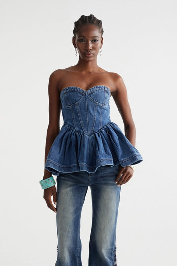 Immanuel Strapless Ruffle Denim Top