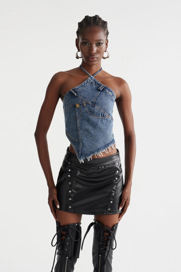 Inara Halter Neck Fringe Denim Top
