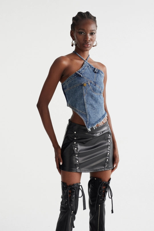 Inara Halter Neck Fringe Denim Top